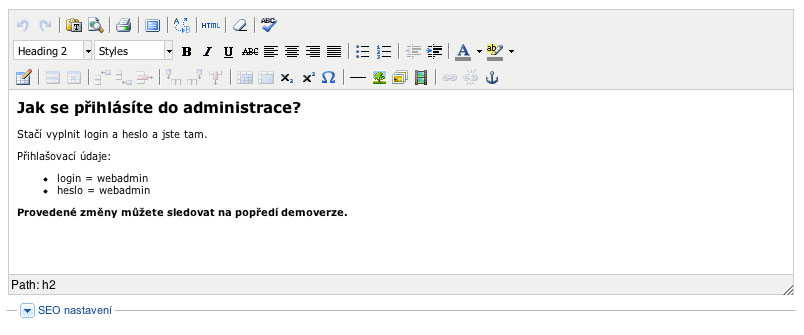 WebAdmin – editace obsahu